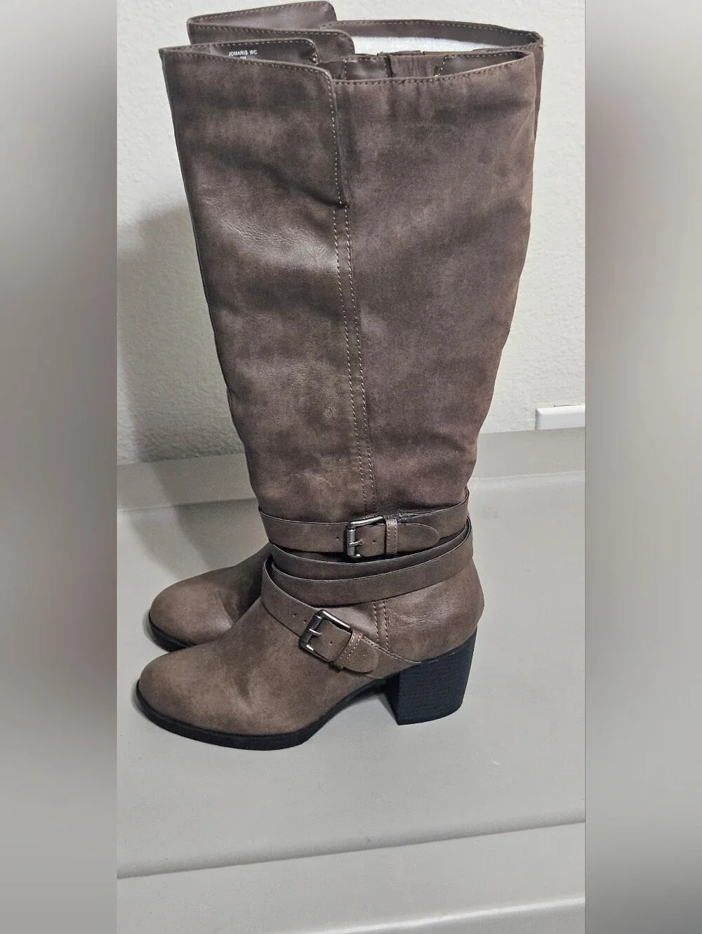 Women's Tall Buckle Strap Boots in Taupe
